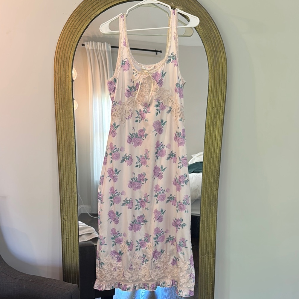 LoveShackFancy White and Purple Midi Dress with Floral Print